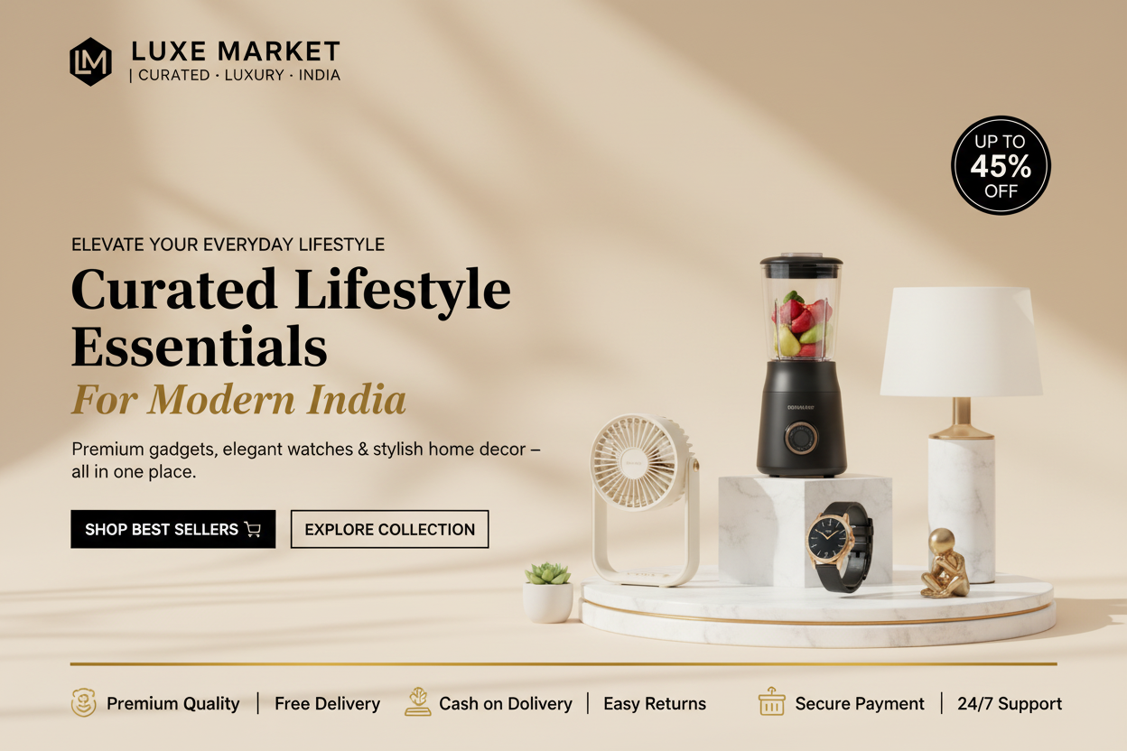 Luxe Market advertisement featuring lifestyle essentials with a blender, clock, and decor items.